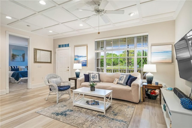 living room with recessed lighting, baseboards, coffered ceiling, and light wood finished floors