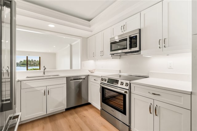 kitchen with crown molding, white cabinetry, sink, and appliances with stainless steel finishes