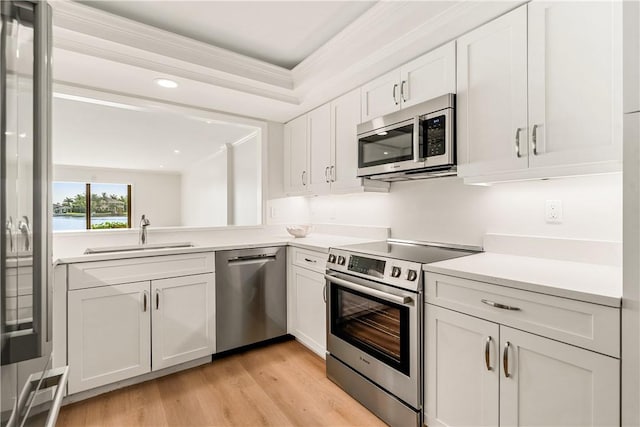 kitchen with white cabinets, appliances with stainless steel finishes, light hardwood / wood-style flooring, and sink