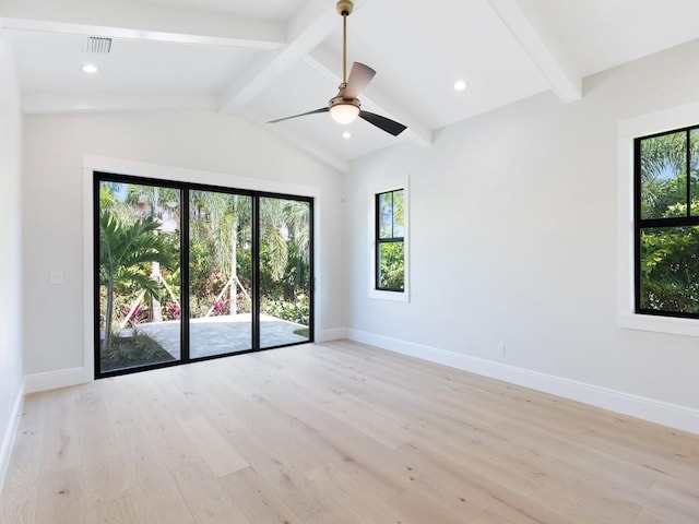 unfurnished room with ceiling fan, lofted ceiling with beams, and light hardwood / wood-style flooring