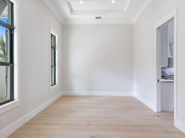 unfurnished room featuring crown molding, a tray ceiling, light hardwood / wood-style flooring, and plenty of natural light