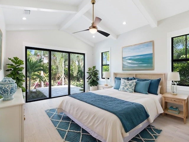 bedroom with lofted ceiling with beams, access to exterior, ceiling fan, and light wood-type flooring