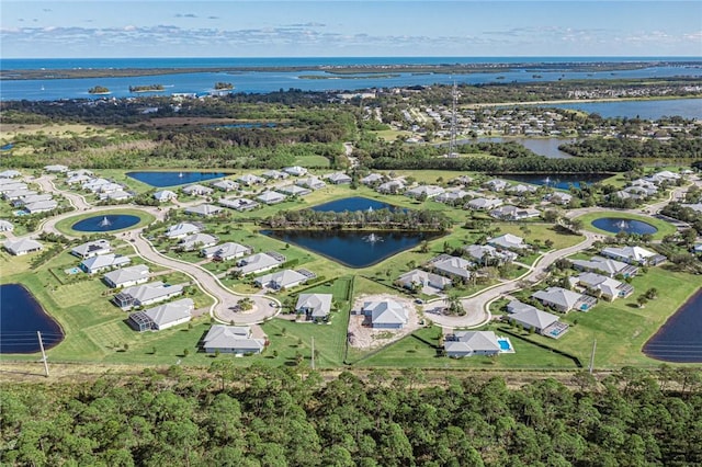 drone / aerial view featuring a water view