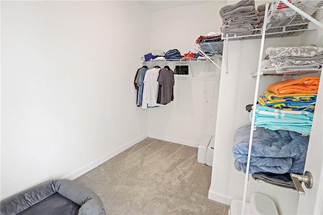 walk in closet with a baseboard heating unit and carpet flooring