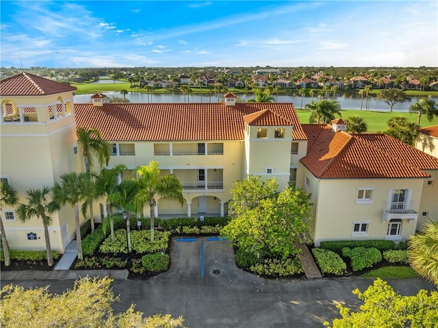 aerial view featuring a water view