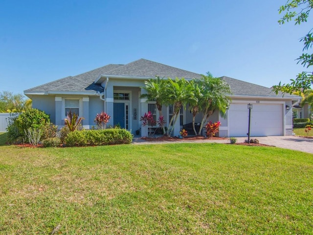 view of front facade with an attached garage, a shingled roof, stucco siding, a front lawn, and decorative driveway