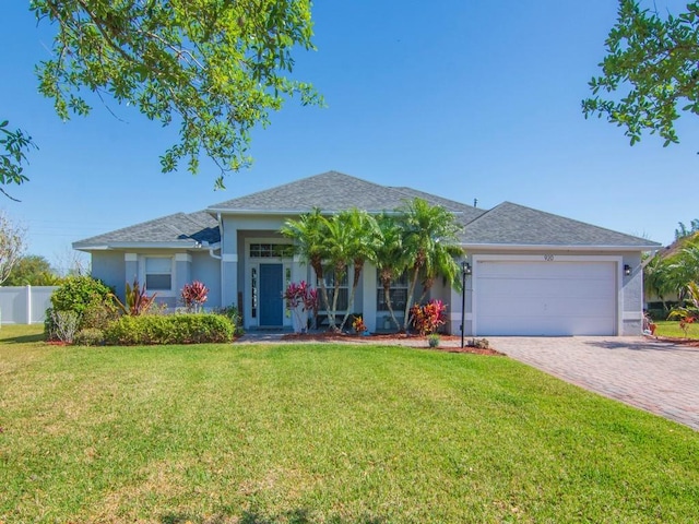 ranch-style house with a front yard, fence, an attached garage, stucco siding, and decorative driveway