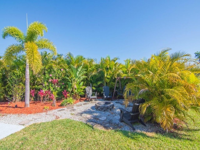 view of yard featuring an outdoor fire pit