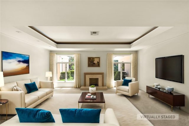 living area featuring carpet floors, a wealth of natural light, and a raised ceiling