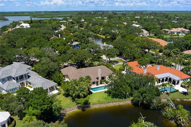 drone / aerial view featuring a water view