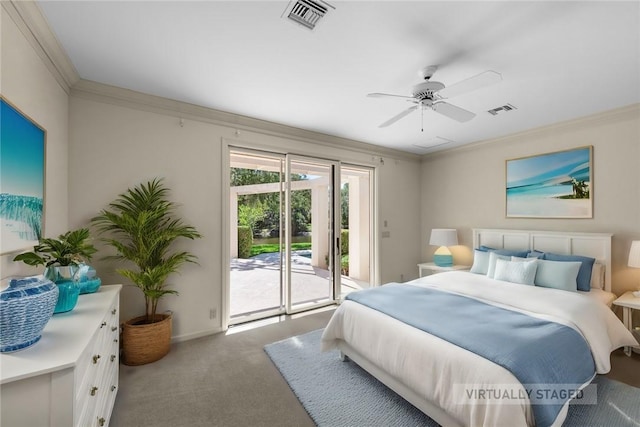 bedroom with access to exterior, visible vents, crown molding, and carpet flooring