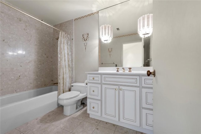 full bath featuring shower / tub combo, tile patterned flooring, vanity, and toilet