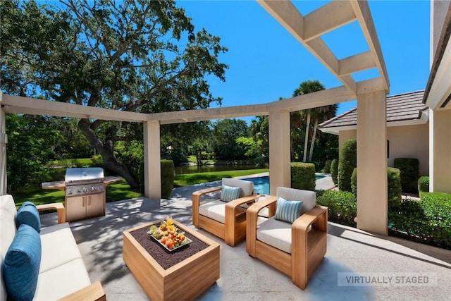 view of patio / terrace with an outdoor pool, area for grilling, an outdoor living space, and a pergola