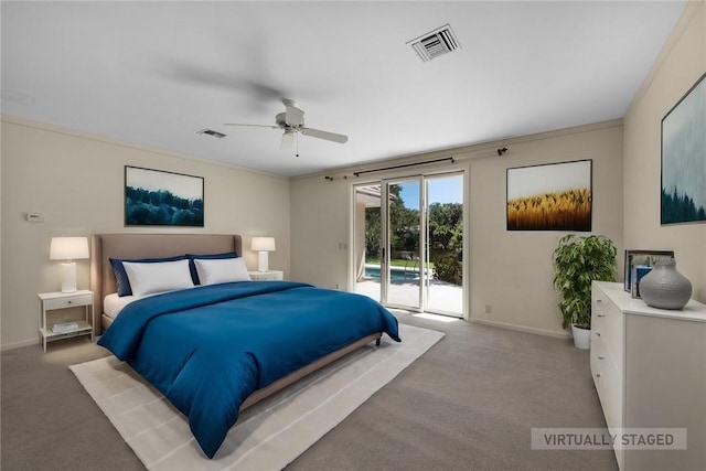 bedroom featuring access to exterior, visible vents, and light carpet