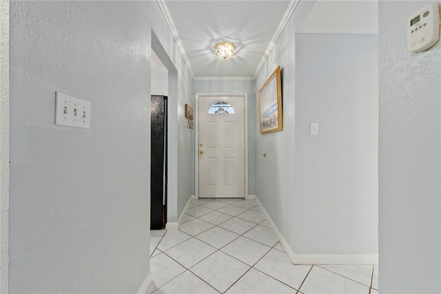 doorway to outside with light tile patterned flooring and crown molding