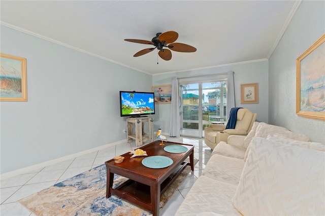 tiled living room featuring ceiling fan and crown molding