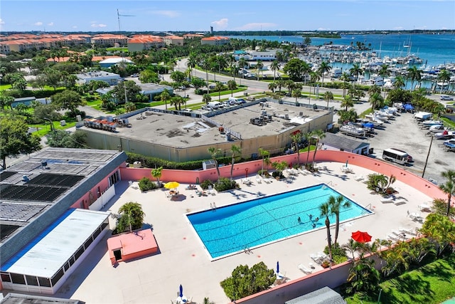 drone / aerial view featuring a water view