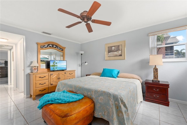 bedroom with light tile patterned floors, ceiling fan, and crown molding