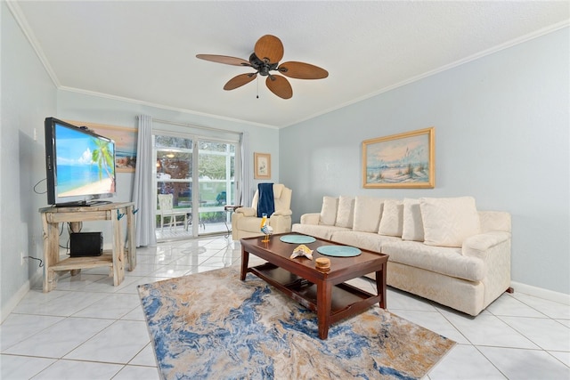 tiled living room featuring ceiling fan and ornamental molding