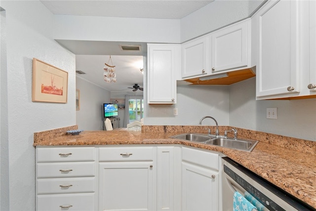 kitchen featuring white cabinetry, sink, dishwasher, and ceiling fan