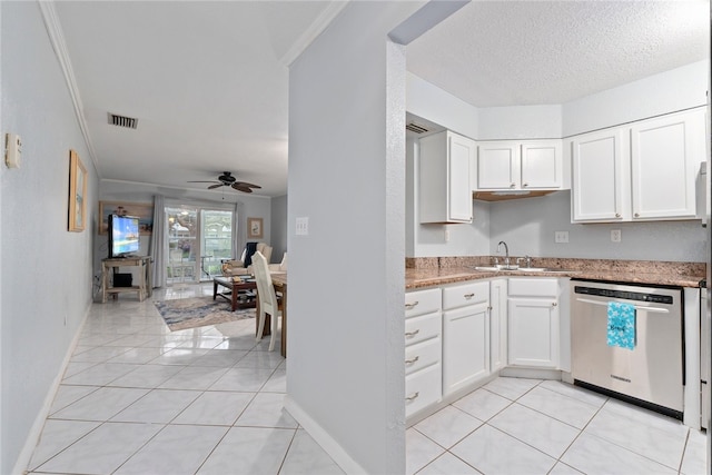 kitchen with stainless steel dishwasher, white cabinets, sink, and ornamental molding