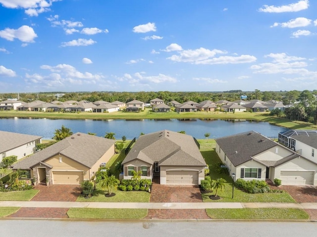 bird's eye view with a water view