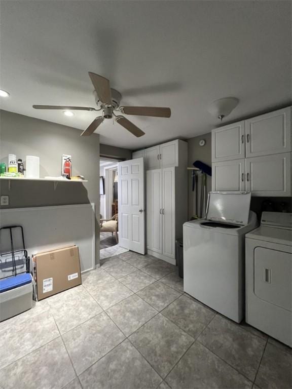 laundry room with independent washer and dryer, a ceiling fan, light tile patterned floors, and recessed lighting