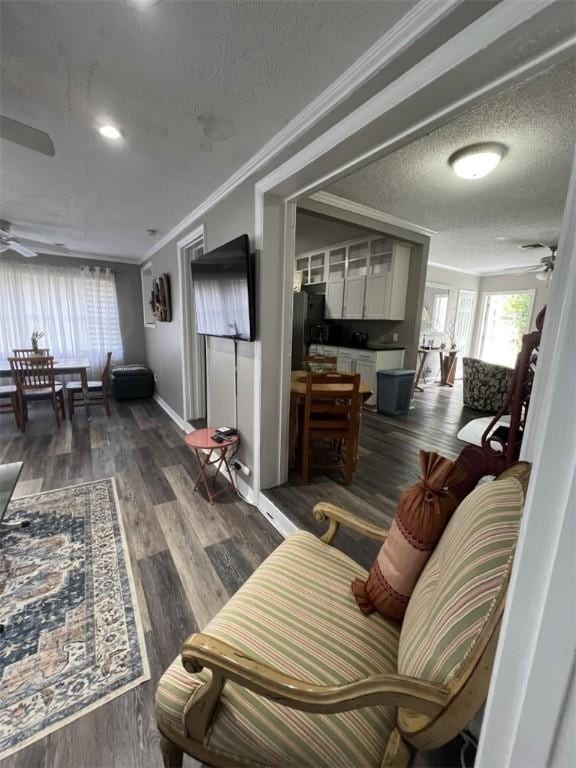 interior space featuring a textured ceiling, crown molding, dark wood-type flooring, and baseboards