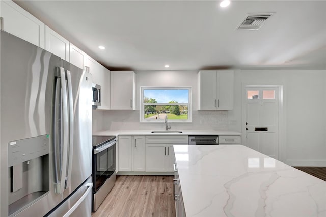 kitchen featuring a sink, visible vents, light wood-style floors, appliances with stainless steel finishes, and decorative backsplash