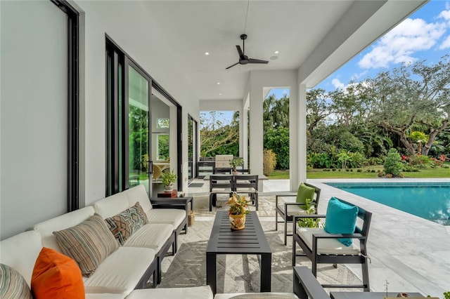 view of patio / terrace featuring ceiling fan and outdoor lounge area