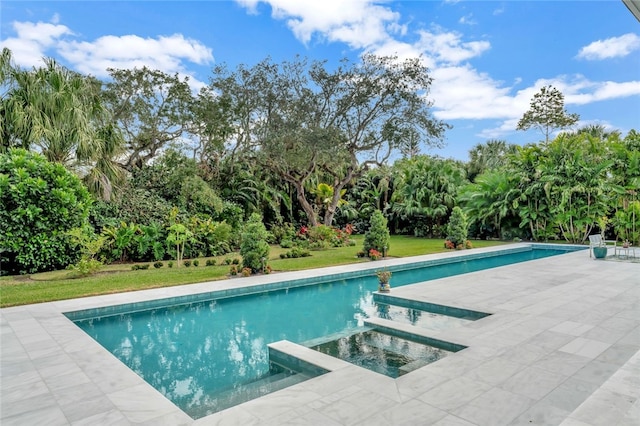 view of pool with a patio area and a yard