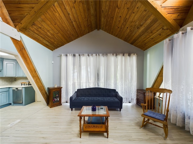 living room featuring lofted ceiling, light wood-type flooring, and wooden ceiling