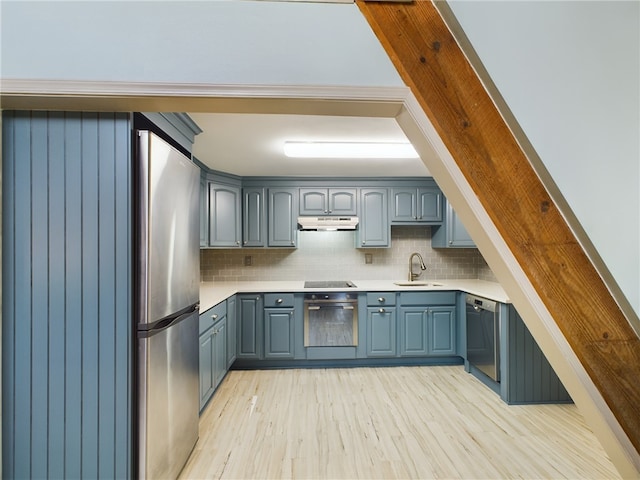 kitchen with stainless steel appliances, sink, light wood-type flooring, and decorative backsplash