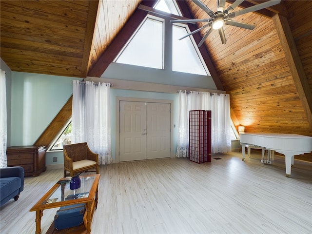 sitting room featuring ceiling fan, high vaulted ceiling, light hardwood / wood-style flooring, and wooden ceiling