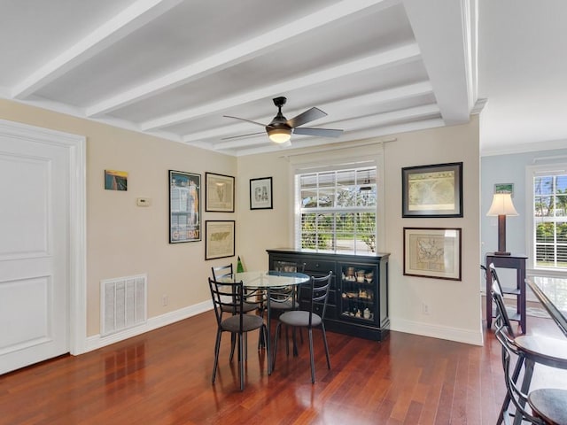 dining space featuring beamed ceiling, ceiling fan, and dark wood-type flooring