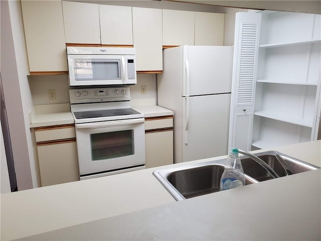 30 Plantation Dr Unit 104, Vero Beach, FL 32966 - kitchen featuring white appliances, a sink, light countertops, and white cabinetry