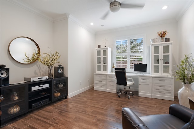 office area with ceiling fan and crown molding