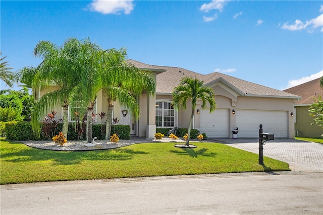 view of front of house with a front yard and a garage