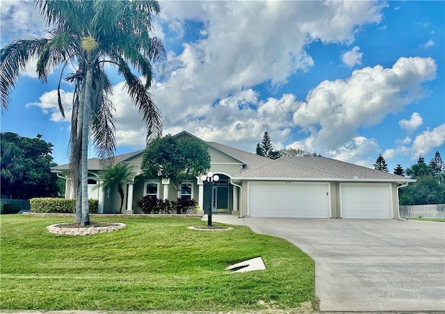 ranch-style home featuring a garage and a front yard