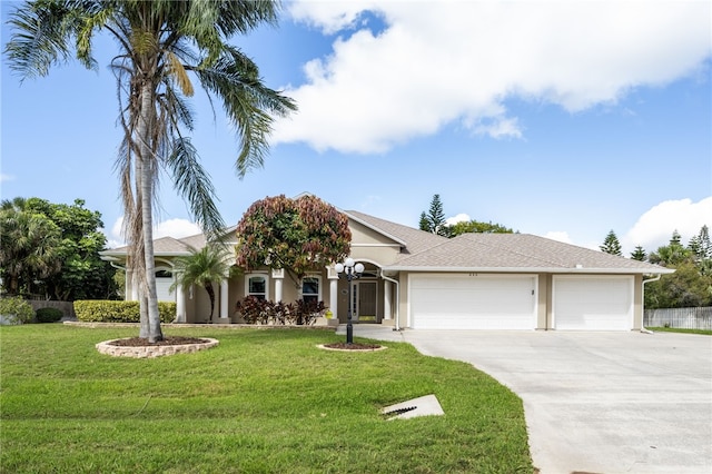 view of front facade with a front yard, driveway, an attached garage, and stucco siding