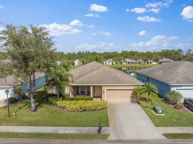 single story home featuring a water view, a garage, and a front yard