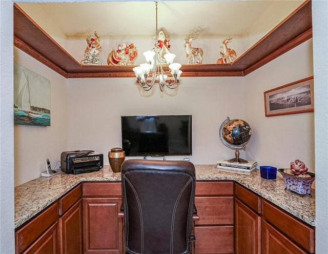 home office with a chandelier and crown molding