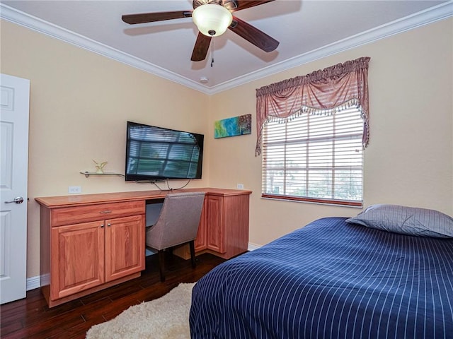 bedroom featuring ceiling fan, dark wood-type flooring, and ornamental molding