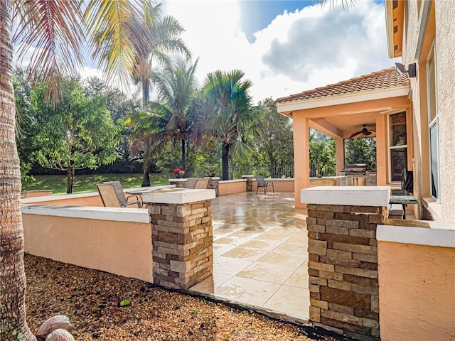 view of patio with ceiling fan, area for grilling, and grilling area