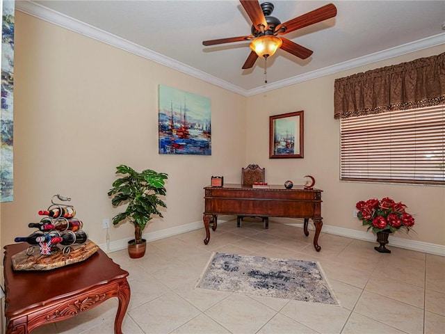 office space featuring ceiling fan, light tile patterned floors, and crown molding