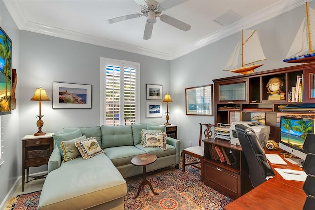 office featuring ceiling fan and ornamental molding