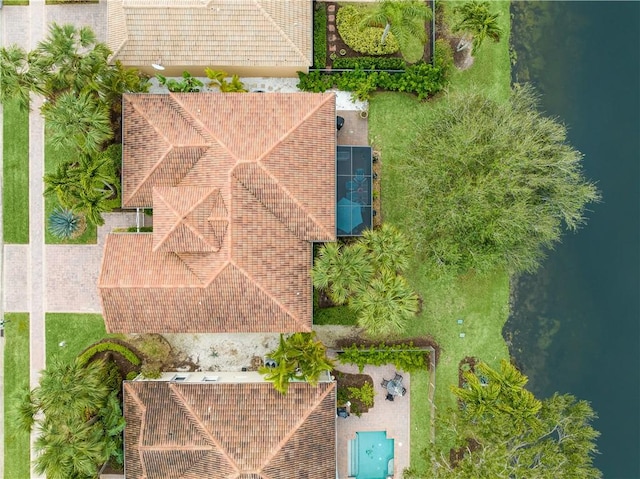 drone / aerial view featuring a water view