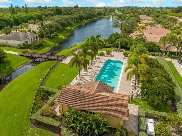 aerial view featuring a water view