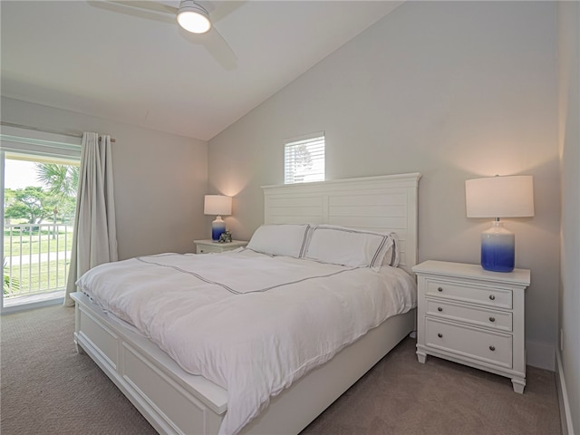 bedroom featuring lofted ceiling, carpet, ceiling fan, and access to exterior