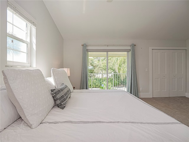 carpeted bedroom featuring a closet and vaulted ceiling